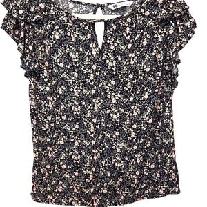 SO Ruffle Cap Sleeve Floral Print‎ Top Keyhole Blouse Black Pink